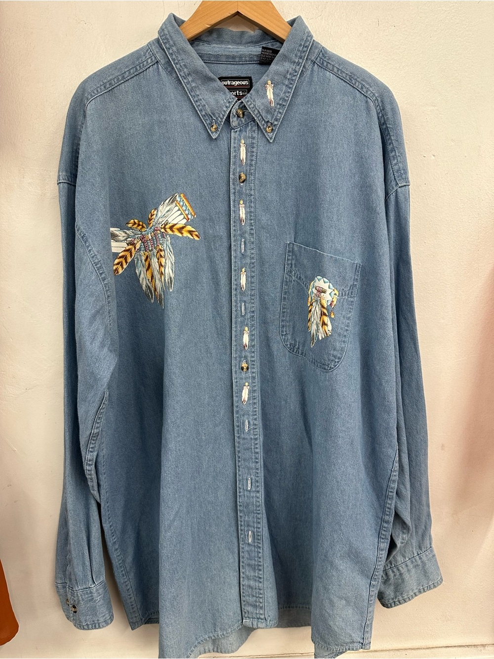 Outrageous sports Men's Light Blue Embroidered Denim Shirt Navajo western 2XL